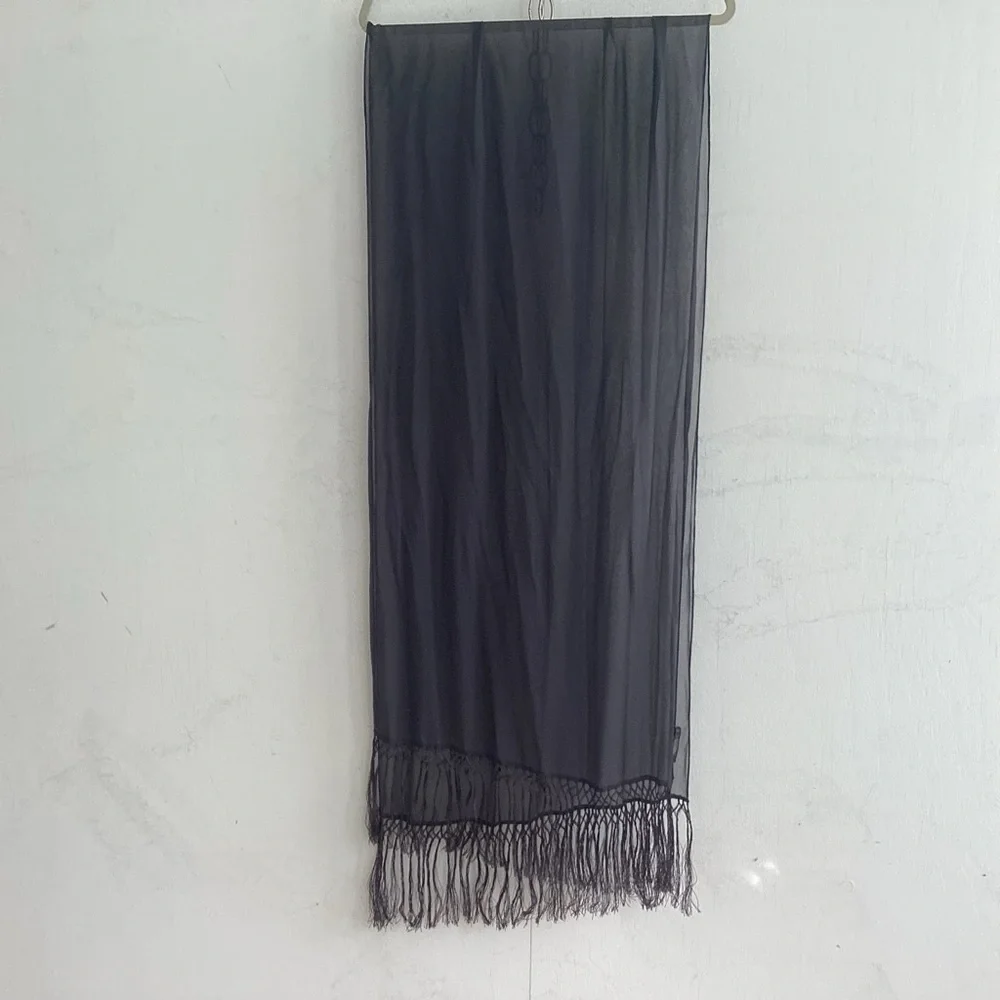 Echo Sheer Gray Silk Scarf with Knotted Fringe
